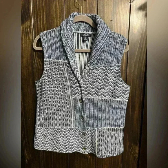 Chaps Blue and White Knit Button Front Shawl Collar Sweater Vest, Size Large - Picture 4 of 10